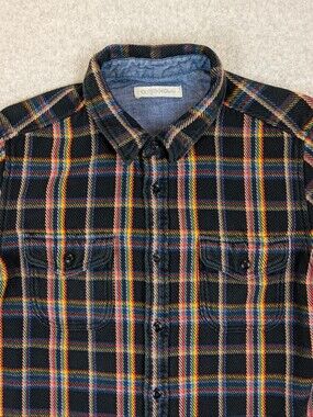 Outerknown Blanket Shirt Mens Medium True Black Rainbow Plaid Heavy Cotton Twill